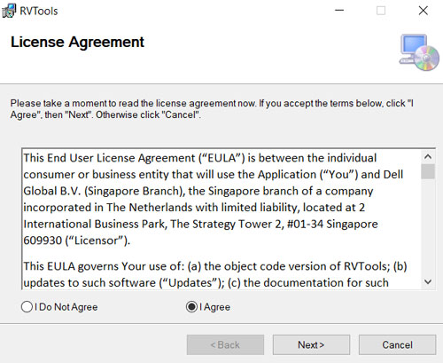 RVTools Windows installer License Agreement step with options to accept or decline the license.
