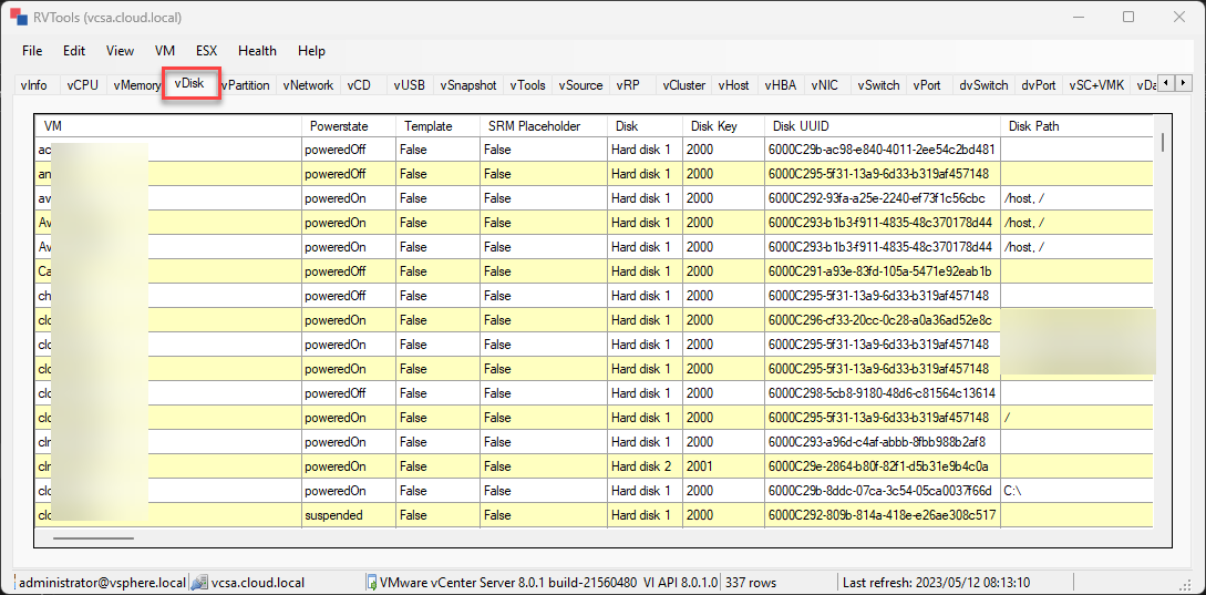 RVTools vDisk worksheet showing virtual machine, disk label, disk key, UUID, and disk path columns.