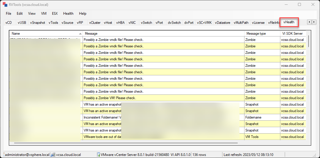 RVTools vHealth worksheet example showing inventory items to review
