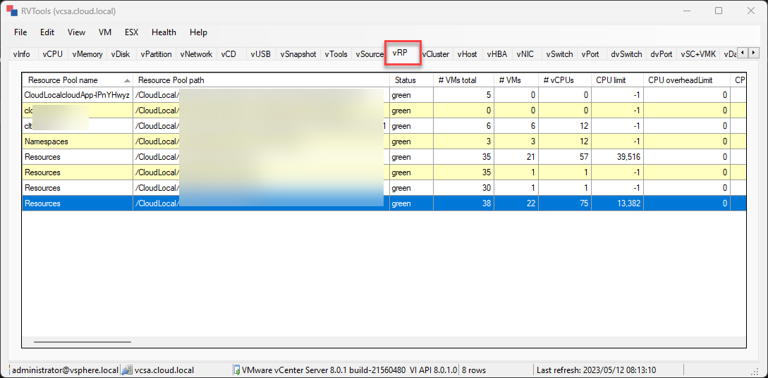 RVTools vRP worksheet showing resource pool names and paths, status, virtual machine totals, CPU counts, and CPU limits.
